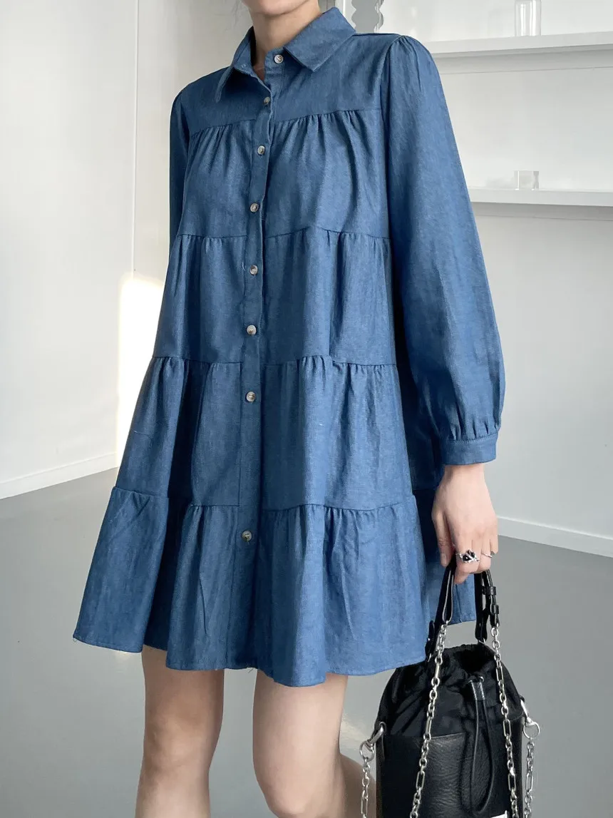 

New Women's Spring And Autumn Retro Loose Casual All-Match Washed Lantern Sleeve Denim Streetwear Dress