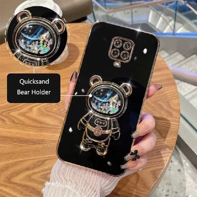 Phone Case for Xiaomi Redmi Note 9S Redmi Note 9 Pro Redmi Note 9 Pro Max Luxury Plating Quicksand Cartoon Bear Fold Stand Cover