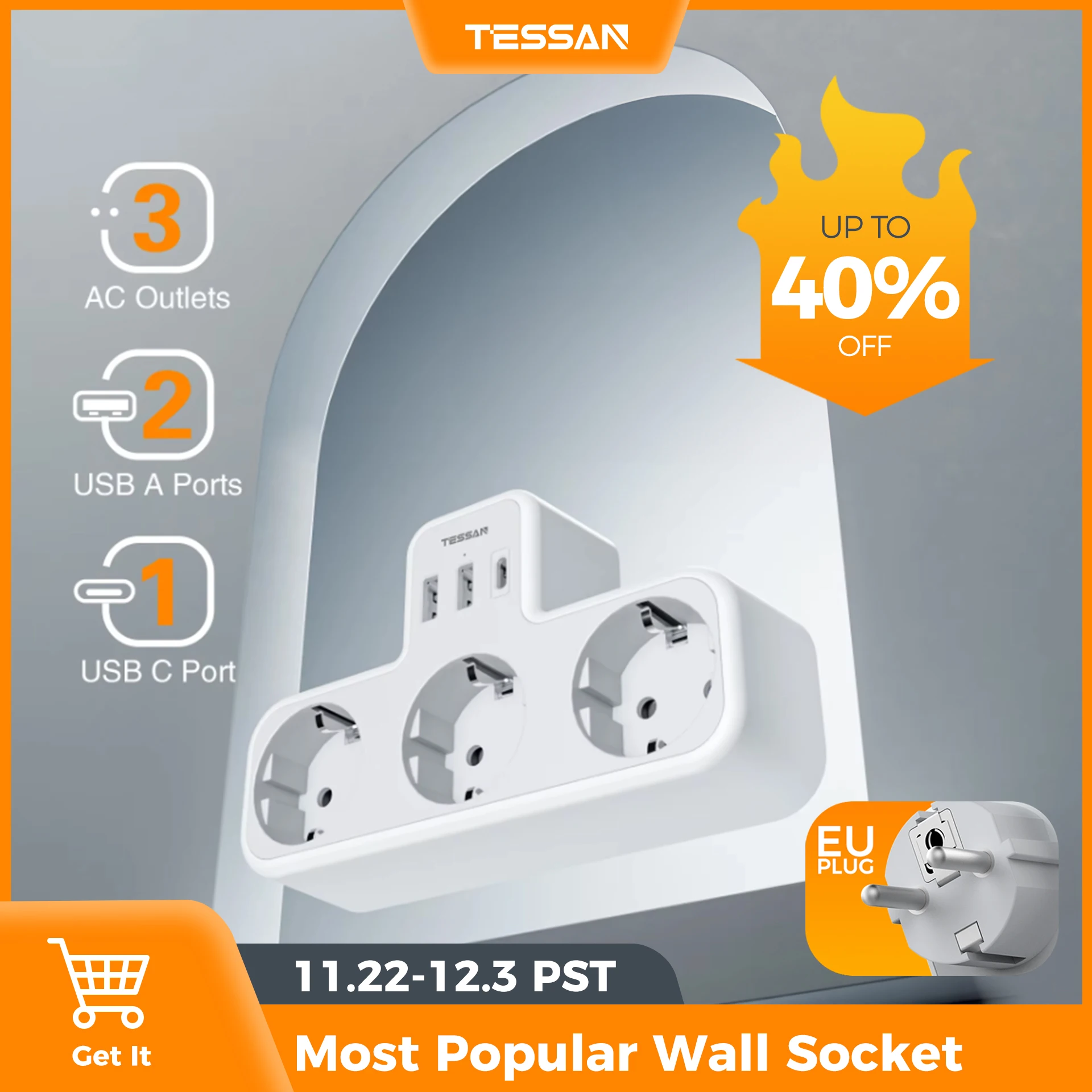 TESSAN EU Wall Socket Extender with 3 AC Outlets and 3 USB Ports 5V 2.4A Power Strip Adapter Overload Protection for Home/Office