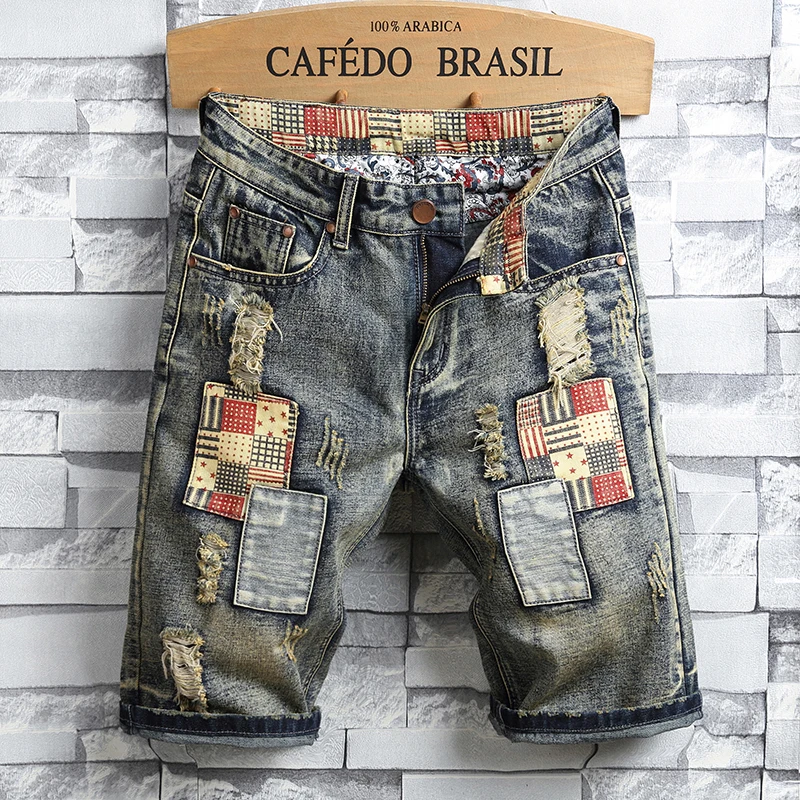 Blue Mens Ripped Short Jeans, Clothing Bermuda Cotton Shorts, Breathable Denim Shorts Male New Fashion Size 28-40