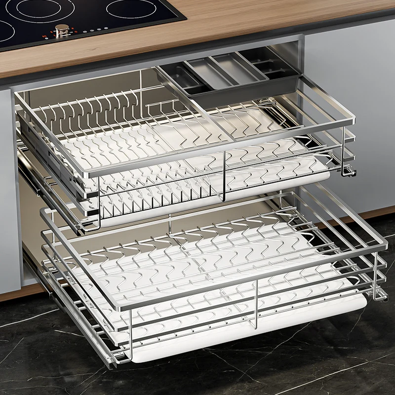 

Kitchen Cabinet Pull-out Bowl Basket Pull-out Basket 304 Stainless Steel Double Drawer Storage Dish Rack Kitchen Cabinet Pull Bl