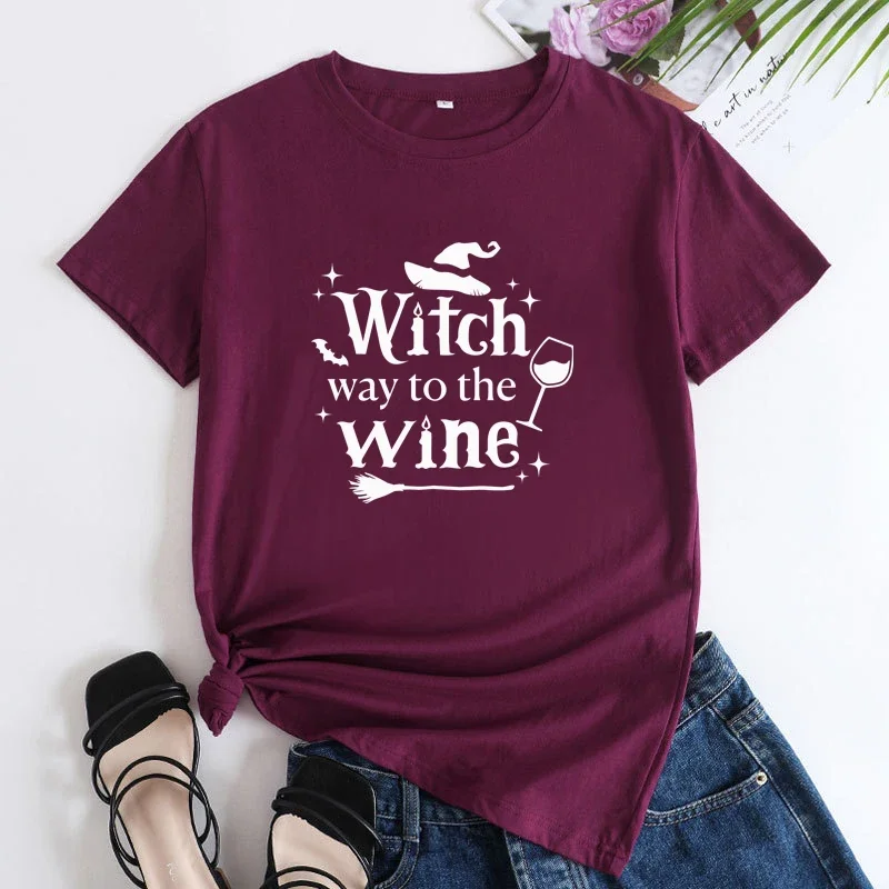 Y2k Short Sleeves Sunmmer T Shirt Streewear Witch Way To The Wine Shirt Funny Sarcastic Women Halloween Alcohol Party Tee Top