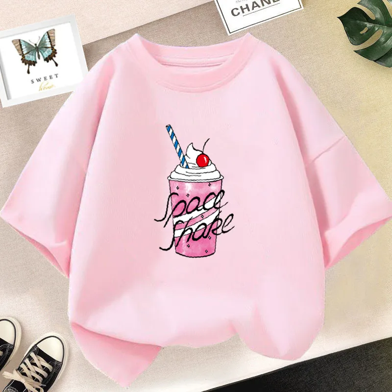 2023 Summer New Cute Strawberry Milk Shake T-Shirt Girls Harajuku Graphic Tee Kids Short Sleeve Cotton Tops