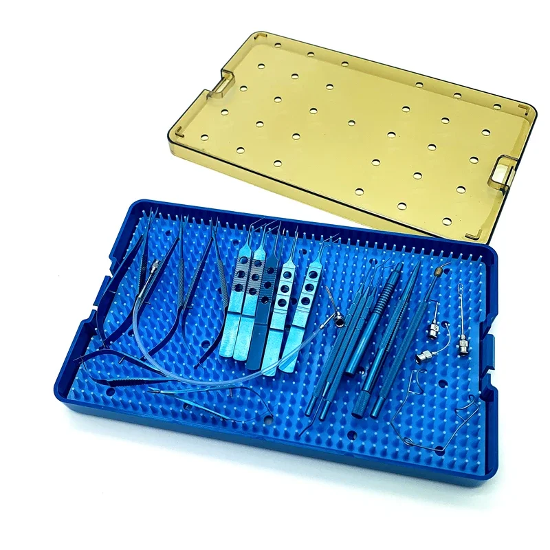 

21PCS Titanium Cataract Set Eye tools with sterilization tray box scissor Ophthalmic needle holder