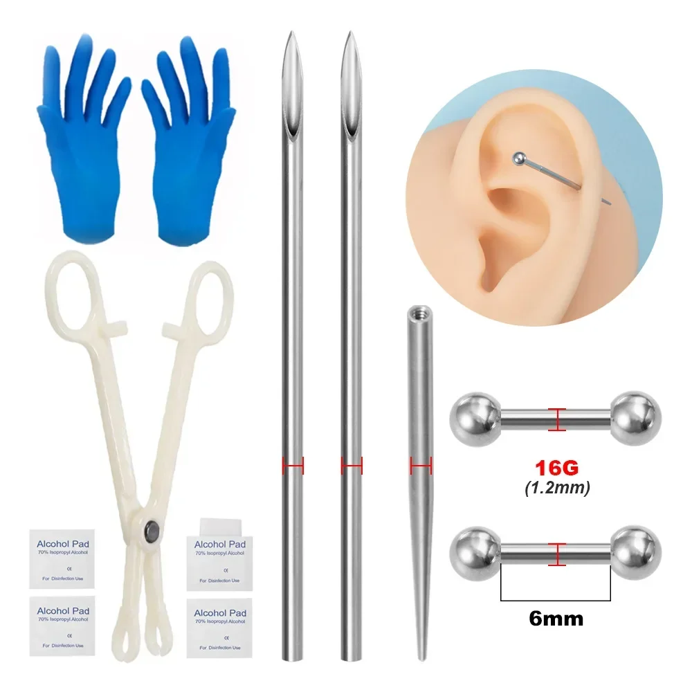 Body Piercing Kit Surgical Steel Threaded Taper Pin Needles Lip Nose Tongue Cartilage Eyebrow Navel Piercing Jewelry Tool Pliers