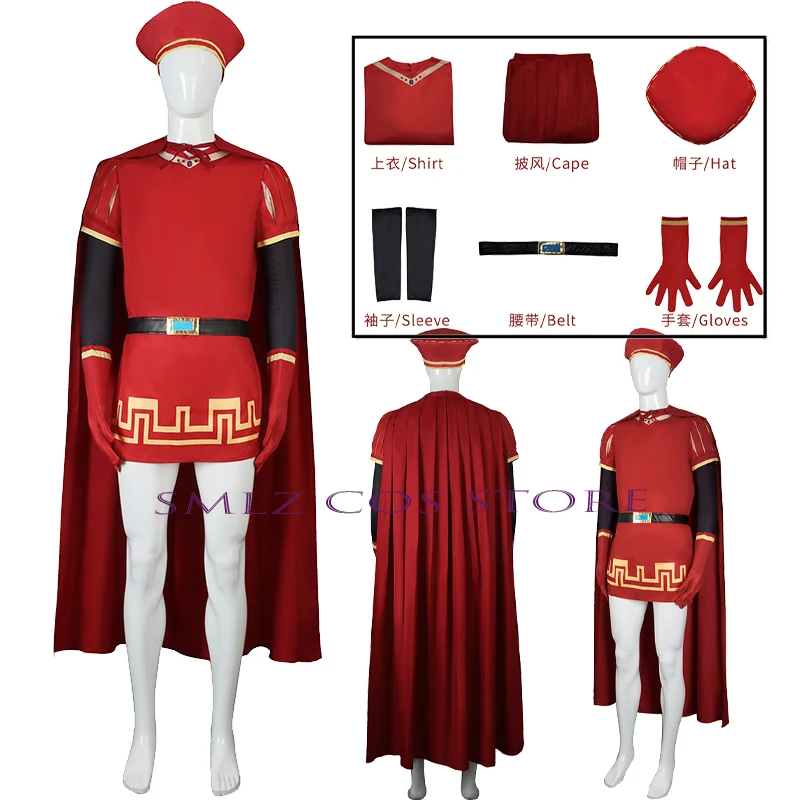 Lord Farquaad Cosplay Anime Kostüm Uniform Umhang Handschuh Hut Set mittelalter liche Cosplay Halloween Party rot Outfit für Kinder Frauen Männer