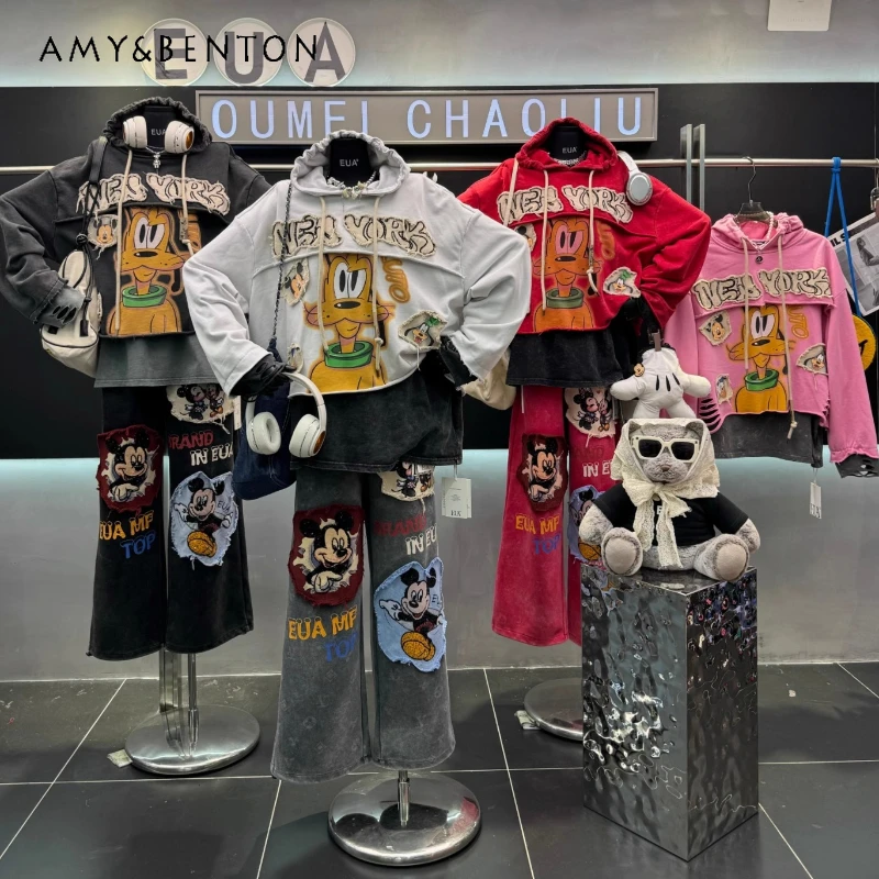

2025 Autumn New Heavy Embroidery Cartoon Y2k Top Fake Two-Piece Loose Hooded Sweatshirt For Women's Kawaii Long-sleeves Hoodies