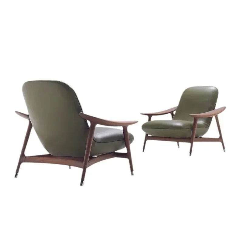 Solid wood leather leisure chair living room balcony bedroom lazy recliner light luxury Internet celebrity sofa single chair