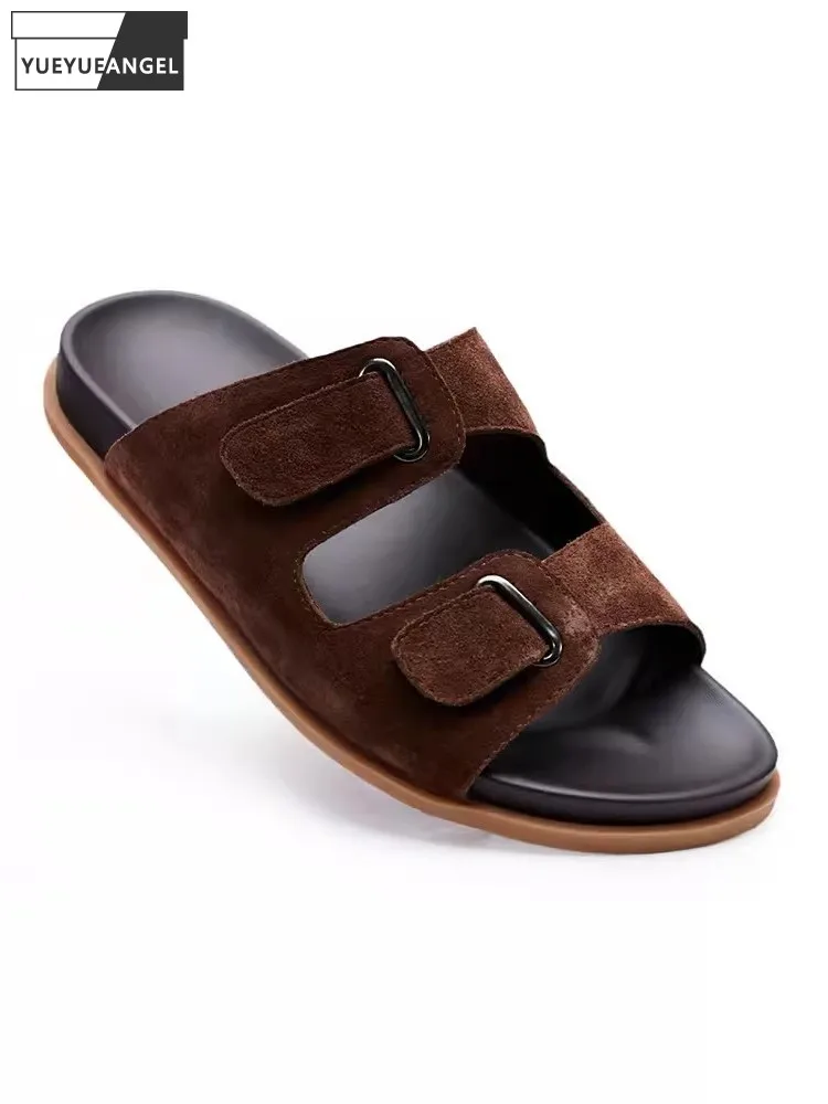 

Outside Summer Mens Genuine Leather Slippers Non-Slip Flat Platform Vintage Beach Shoes Daily Leisure Breathable Slippers Male