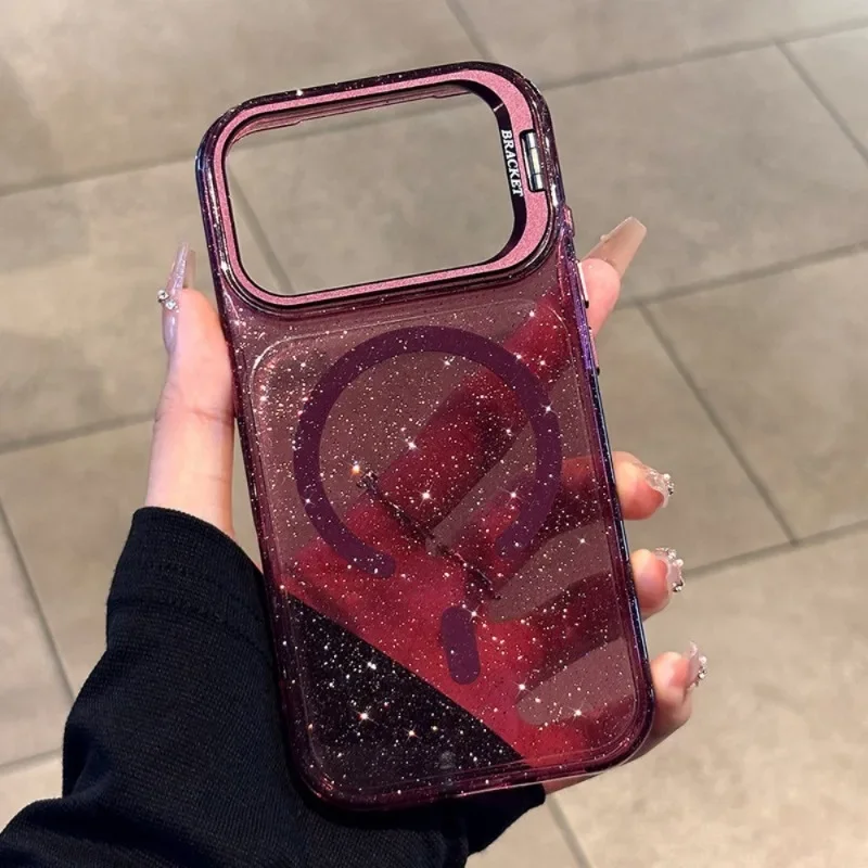 Coque de téléphone magnétique transparente à paillettes tendance pour iPhone 18 13 14 15 16 17 Pro Max avec support de caméra Magsafe, coque antichoc
