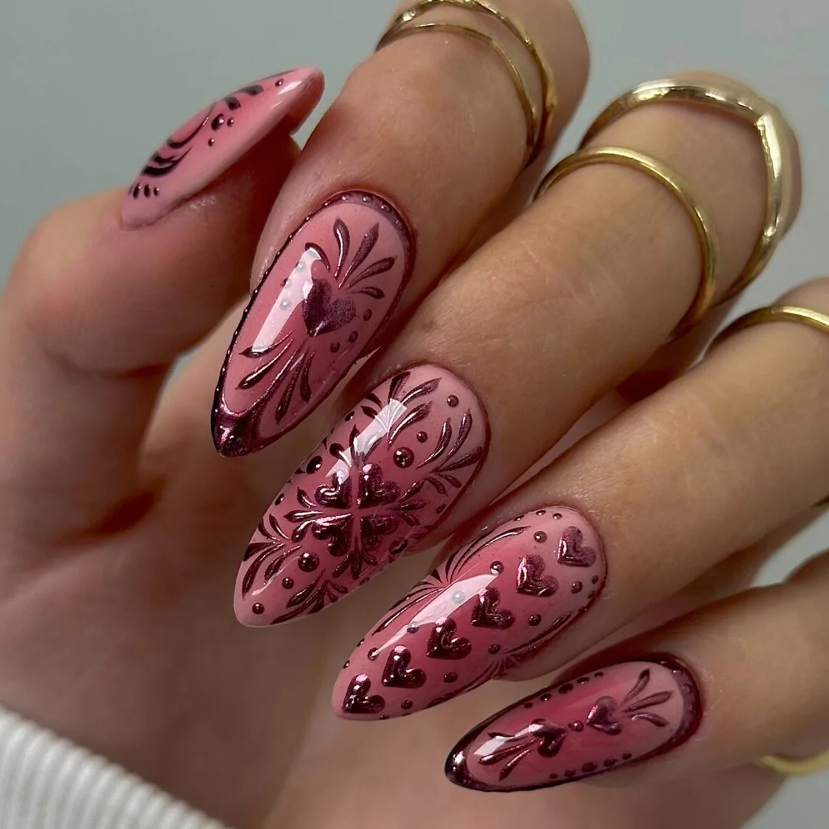 

30pcs Blush Ombré Press-On Nails - 3D Hearts & Red Polka Borders Long Almond Romantic Pop-Art Style False Nail For Women Girl