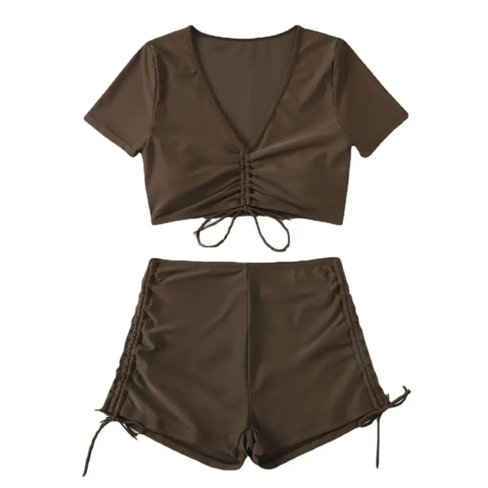 Bikini Suit Soft Bathing Suit Two Pieces Good Elasticity  Charming Short Sleeve Top Drawstring Shorts Set