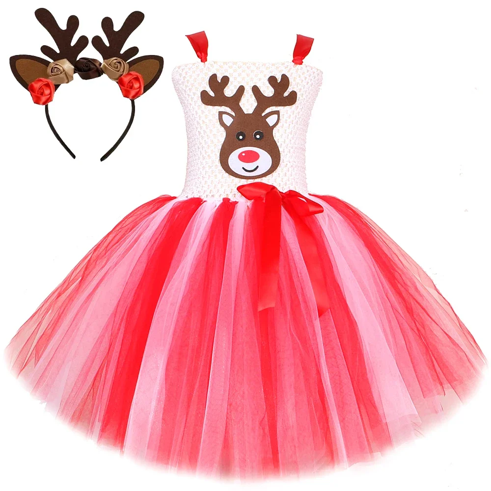 Rudolph Reindeer Deer Costume Kids Girls Christmas Party Tutu Dress Brown Red Toddler Girl Xmas Princess Dress Antlers Headband