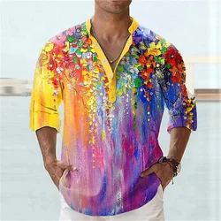 Men's pullover, floral print stand up collar, half open button shirt, fashionable, luxurious, comfortable, and soft clothing