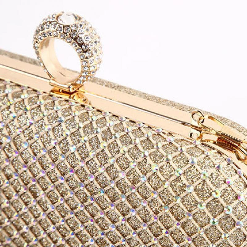 Gold Rhinestone Clutch Handbag with Crystal Diamond Ring Clasp Luxury Bride Bridesmaid Wedding Party Formal Purses Shoulder Bag