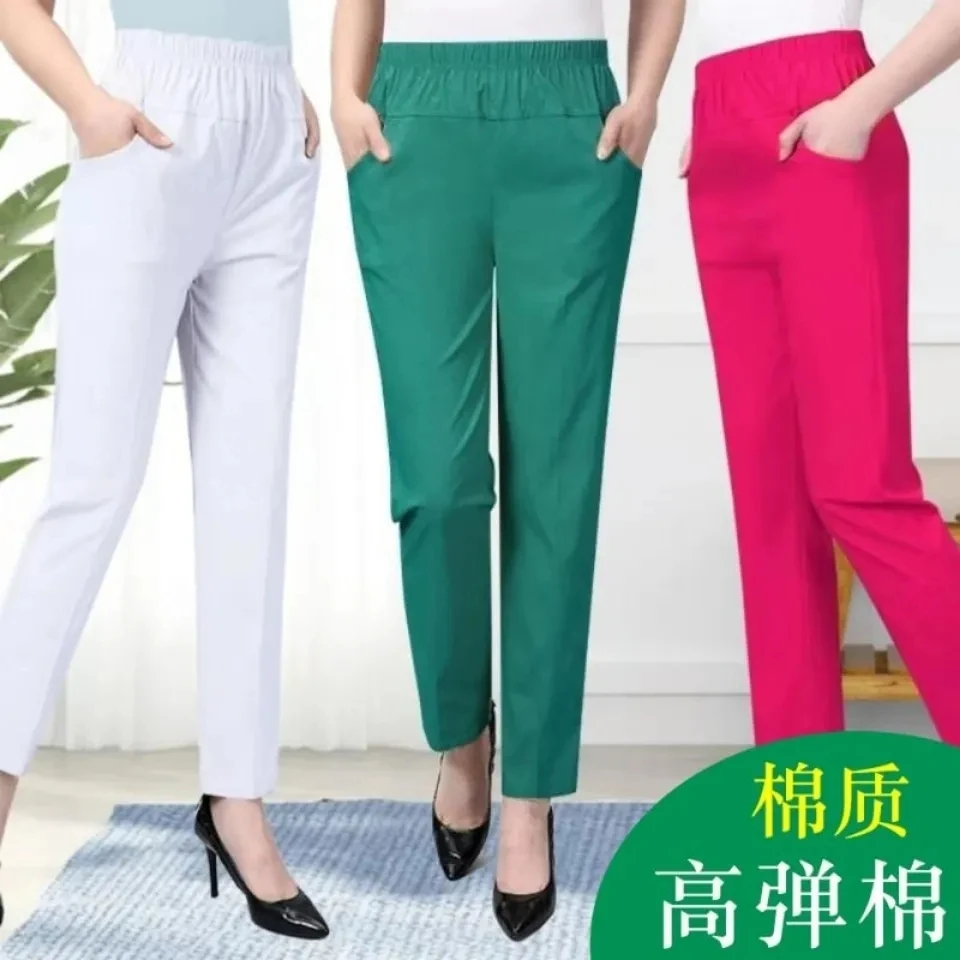 

Solid Color Elastic High Waist Female Mom's Pants Autumn Women Casual Cotton Straight Trousers Middle Aged Mother Pantalons