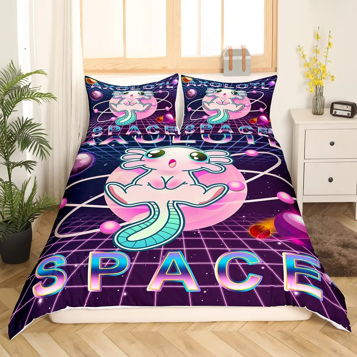 Cute Axolotl Bedding Set Twin Size for Kids Boys Bedroom Cartoon Salamander Bed Duvet Cover Set Kawaii Animals Comforter Cover