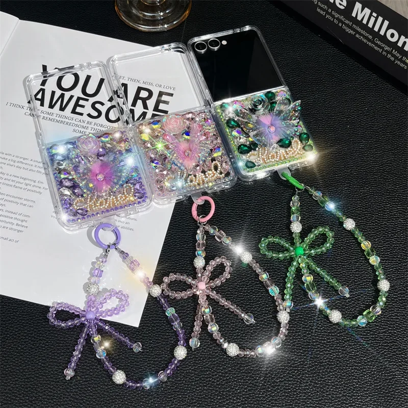 For Samsung Galaxy Z Flip 7 FE 6 5 4 3 Flip7 5G Luxury Crystal Vivid Butterfly Flower Diamond Stone Pearl Wrist Phone Case Cover view 4