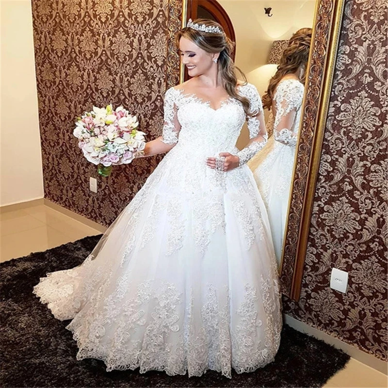 

ANGELSBRIDEP V-Neck Long Sleeves Wedding Dresses Robe De Mariee Fashion Applique Court Train Formal Bohemian Bridal Gowns