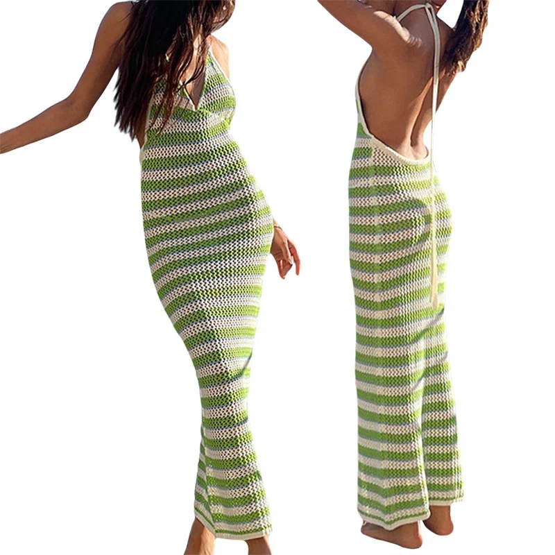 섹시한 홀터 백리스 스트라이프 니트 비치 롱 드레스 여름 여성 크로셰 수영복 비키니 커버업 수영복 베스티도스