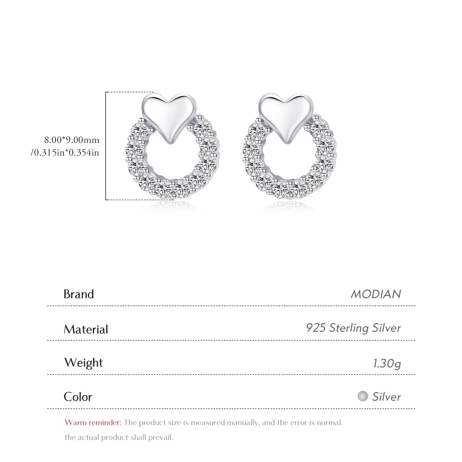 MODIAN Sweet Heart Earrings For Women 925 Sterling Silver Delicate Cubic Zirconia CZ Wedding Statement Ear Studs Fine Jewelry - view 3