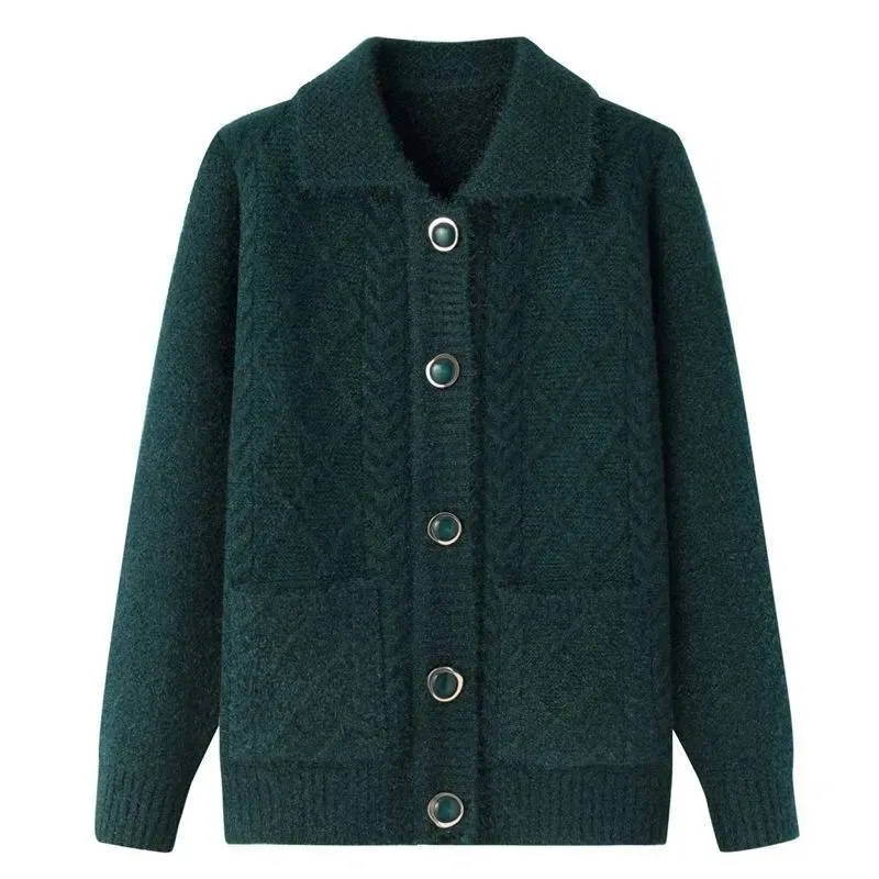 2025 Autumn Winter Lapel Middle-aged Mother Women's Knitted Cardigan Sweater Jacket Temperament Leisure Ladies Sweater Coat