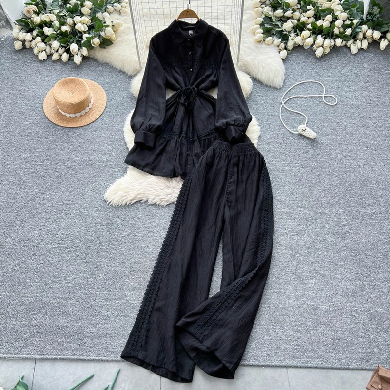 

French Two Piece Set Retro Women's Summer Lantern Sleeve Shirt+elastic Waist Slim Wide Leg Pants Light Mature Set