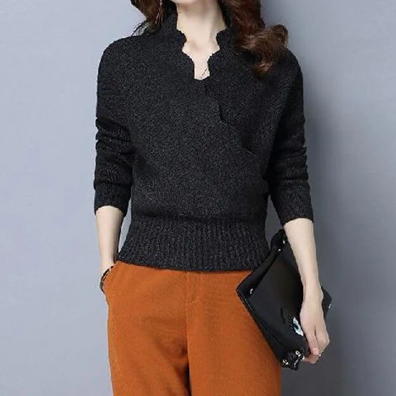 Elegant Fashion Cross Spliced V-Neck Sweaters for Female Autumn Winter New Commute Simplicity Solid Color Short Knitted Tops