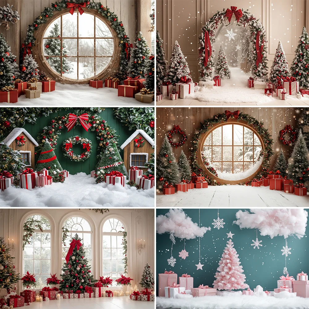 

Photography Background Winter Christmas Wooden Door Forest Xmas Tree Kids Family Portrait Decor Backdrop Photo Studio