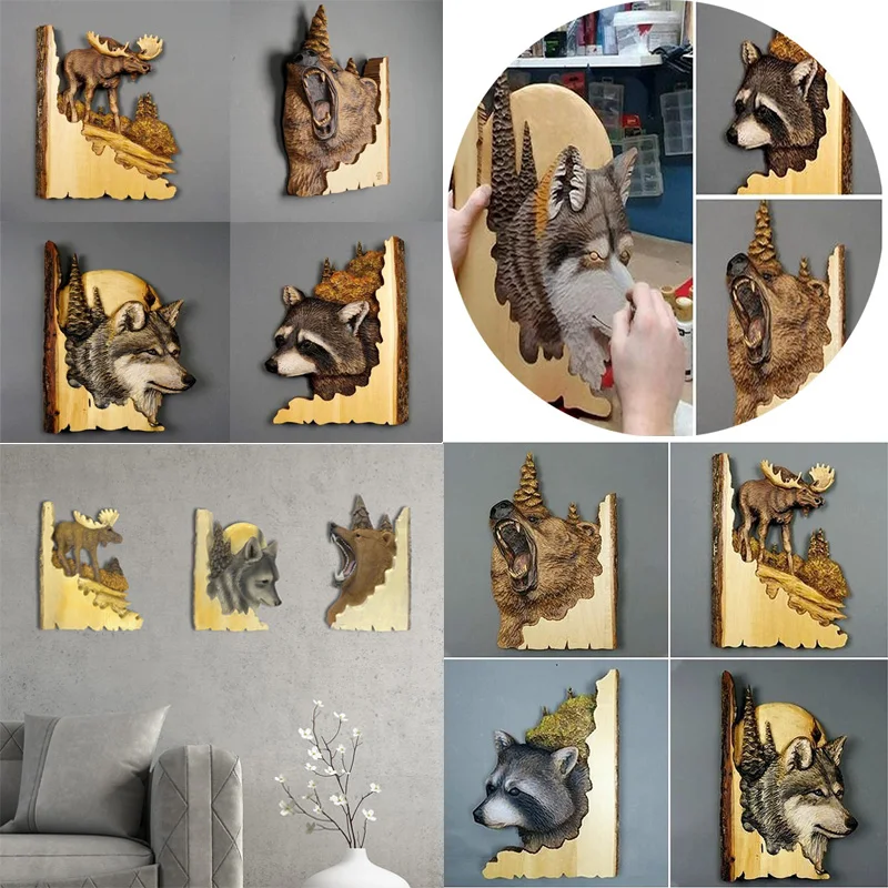 2025 Flat Animal Carving Handcraft Wall Hanging Sculpture Wood Raccoon Bear Deer Hand Painted Decoration for Home Living RoomNew