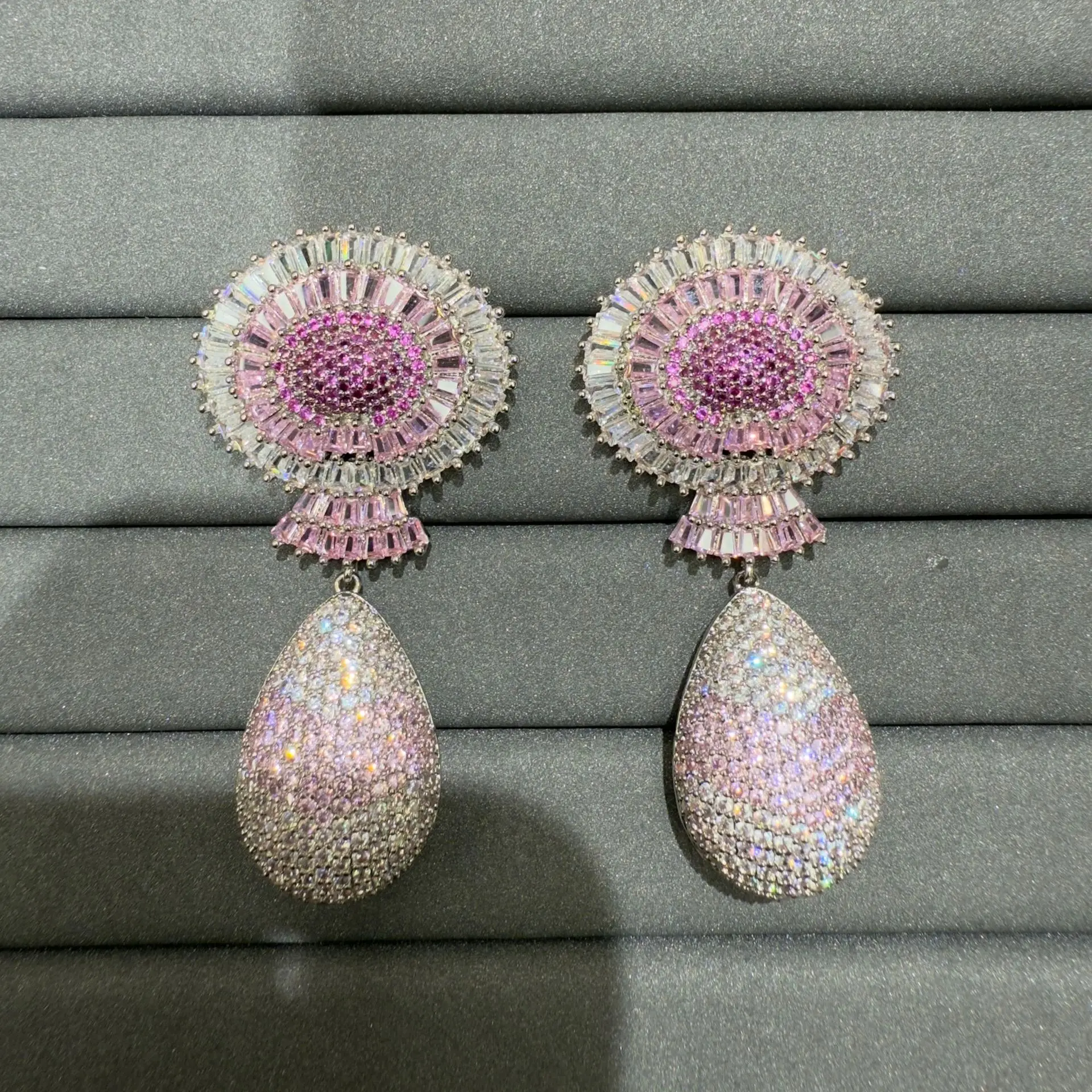 fashion luxury cubic zirconia earrings bracelet for women shiny jewelry gala event dinner party pink multicolor flower teardrop