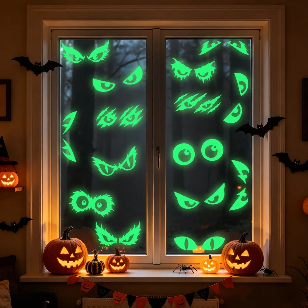 2 Sheet Fluorescent Halloween Luminous Wall Sticker PVC Green Light Window Sticker Ghost Pumpkin Eye Pattern