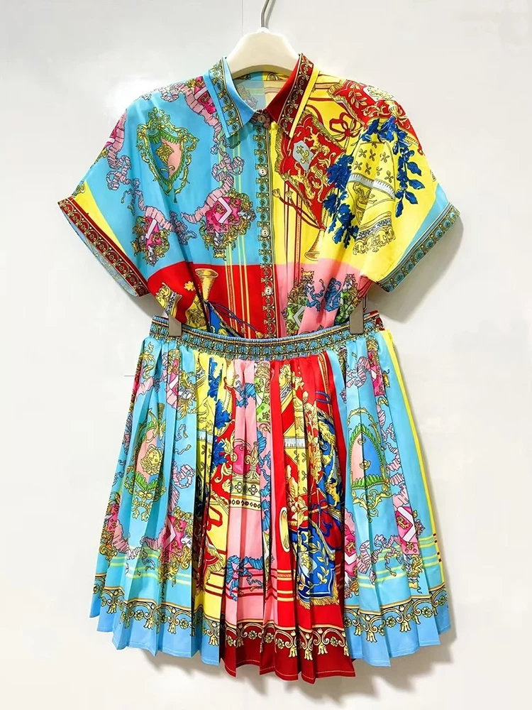 Designer retro geometric print lapel short-sleeved shirt two-piece 2026 summer women's dress+loose pleated skirt fashion suit
