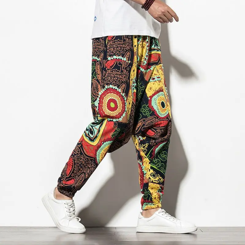 100% Linen Bloomer Men Pants Vintage Ethnic Print Big Drop Crotch Pants Harem Cross Trousers Chinese Styles Hip Hop Hippie Pants