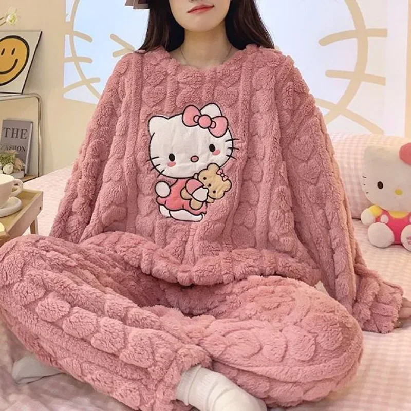 New Sanrio Hello Kitty Homewear Sets Women Winter Warm Pajamas Cute Sleepwear Print Cartoon Pullover Plush Pajamas Girl Gifts