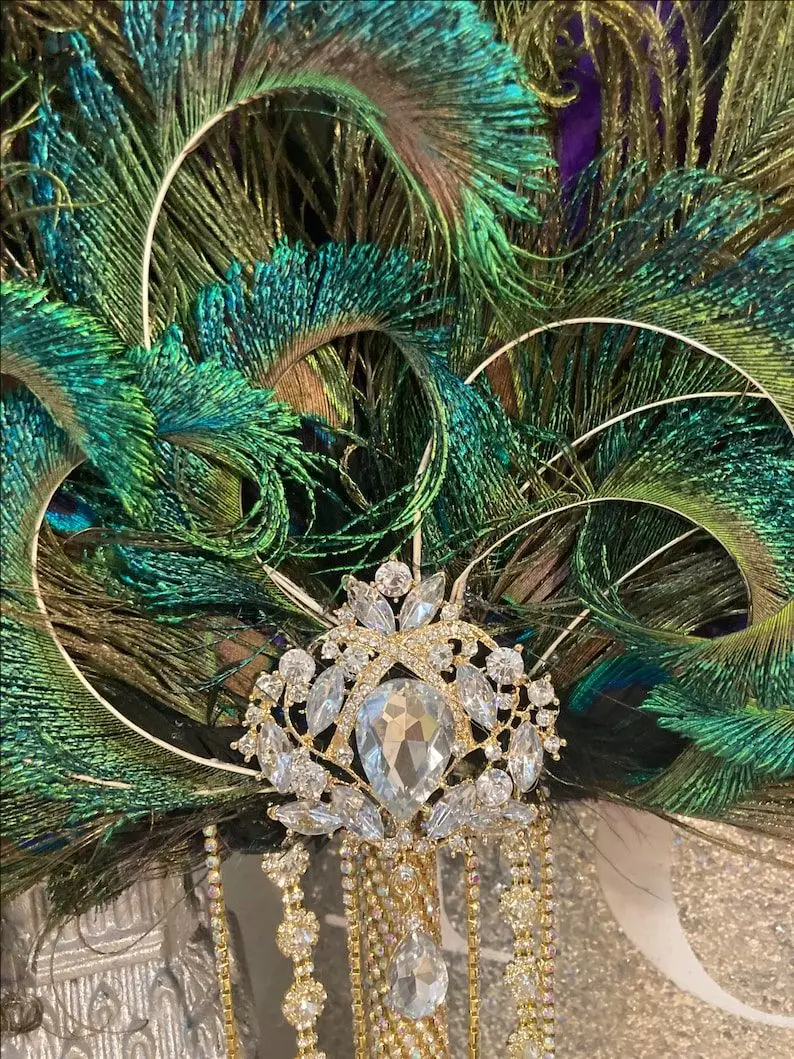 PEORCHID-ramo de abanico de mano de plumas de pavo real de cristal dorado, ramo de boda de plumas Gatsby, abanico de mano nupcial, Accesorios para Novias