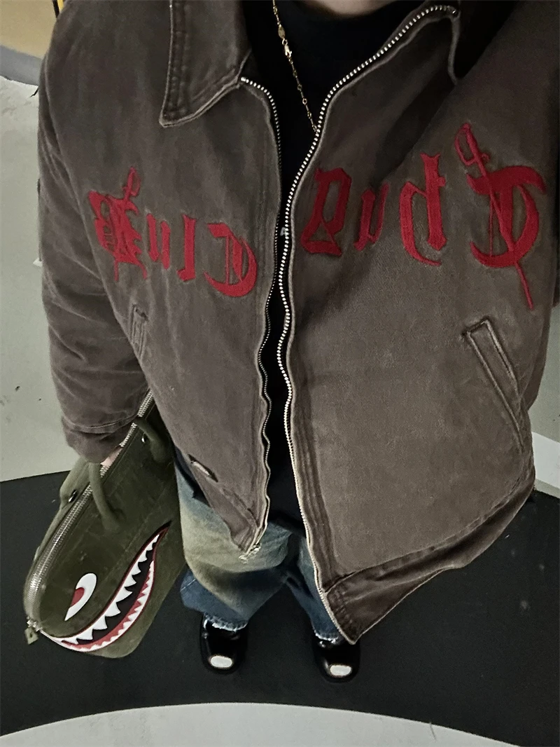 

High Quality Thug Club Embroidered Logo Washed Denim Zipper Jacket Autumn Winter Vintage Korean Street Oversize Versatile Men