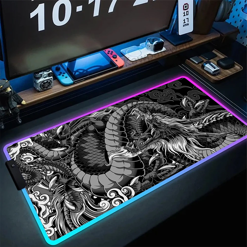 

Japanese Dragon Large Gaming RGB Colorful Mousepad XXL Keyboard Gamer Mouse Pad LED Table Luminous Deskmat Anime 90x40 Mouse Mat