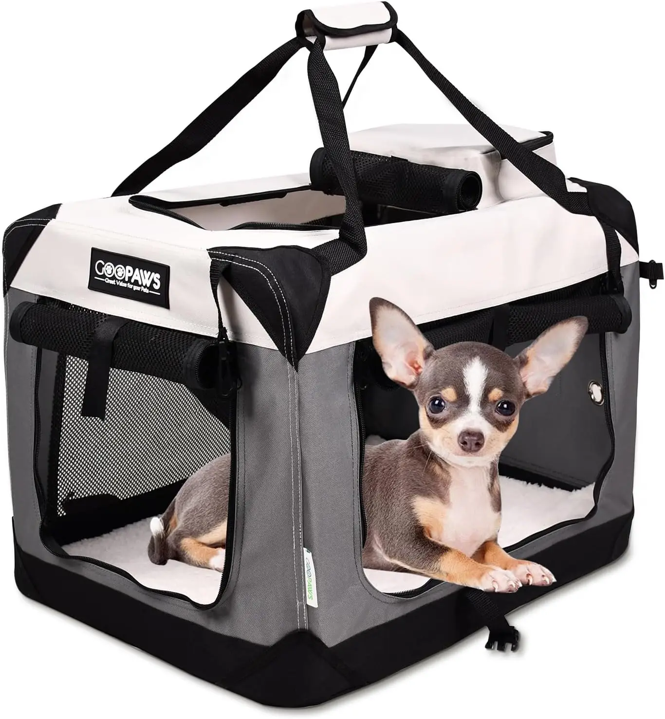

Soft-Sided Folding Pet Carrier with Fleece Mat, 3 Doors for Dogs and Cats, Light Grey Small Size