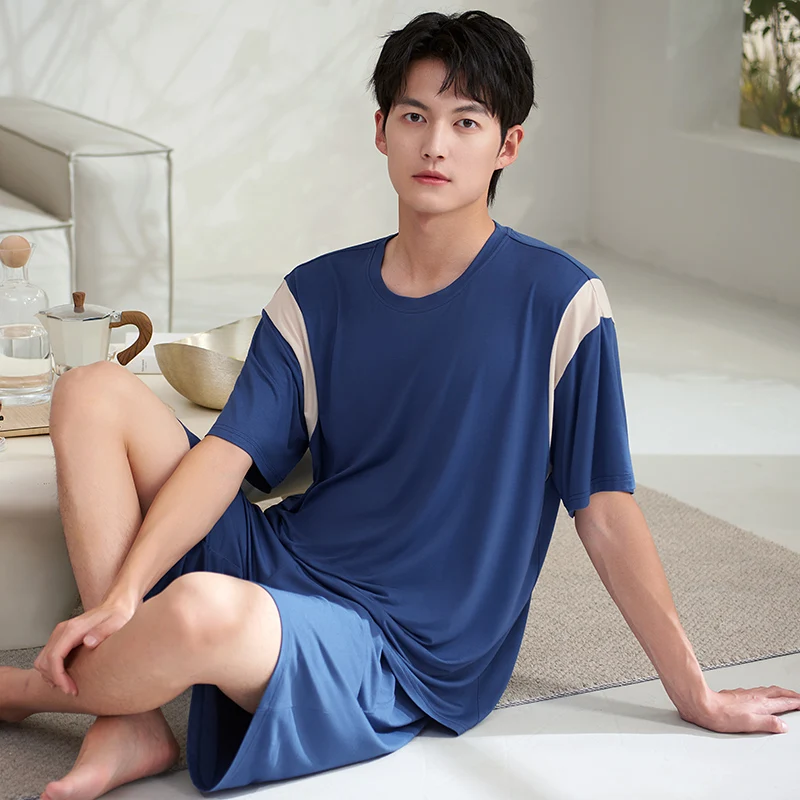 

Men Round Neck Pajamas Set Summer Modal Male Pyjamas Solid Color Men Home Set Sleepwear Short-sleeve Tops + Short Pants 2pcs/set