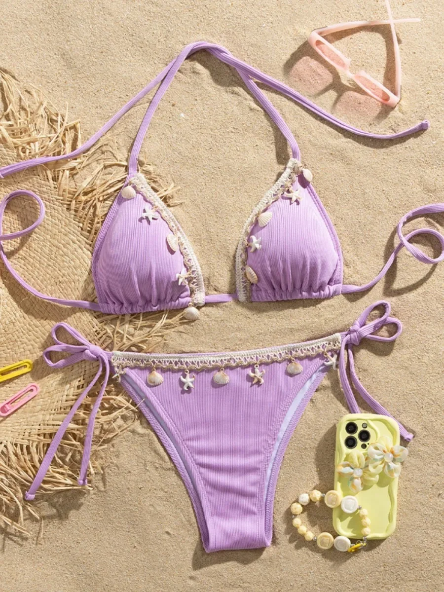 2025 New Solid Color 2 Piece Shell Swimsuit Women's Sexy Lace-up Triangle Halter Backless Swimwear Beach Vacation Bathing Suit