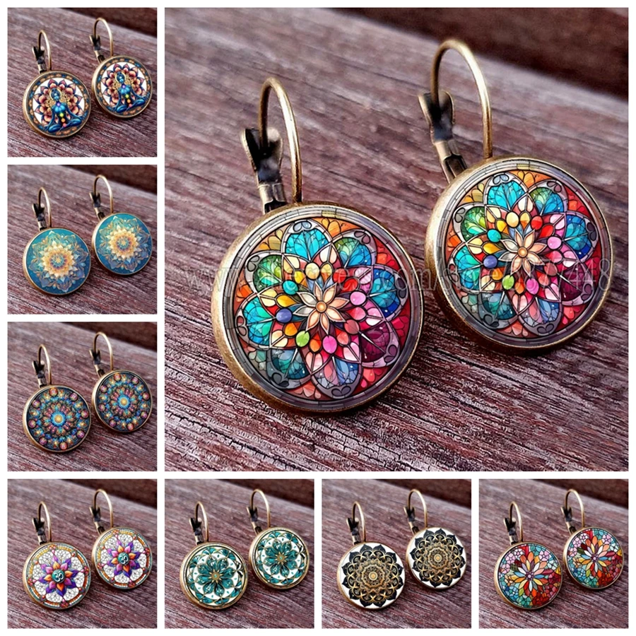 2025 Indian Buddha Meditation 7 Chakras Mandala Yoga Earrings Mandala Pattern Glass Women's earring