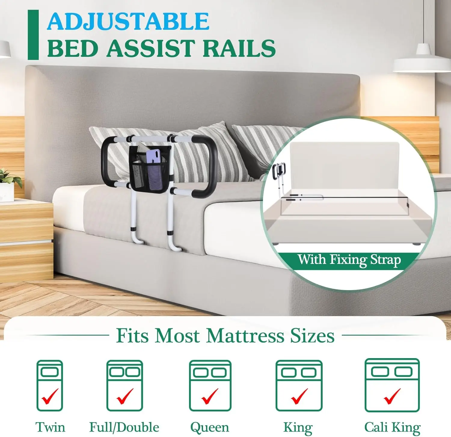 Bed Rails for Elderly Adults Safety - Adjustable Bed Side Rails Handle Support Bar Bed Guard Rail with Storage Bag &Fixing Strap