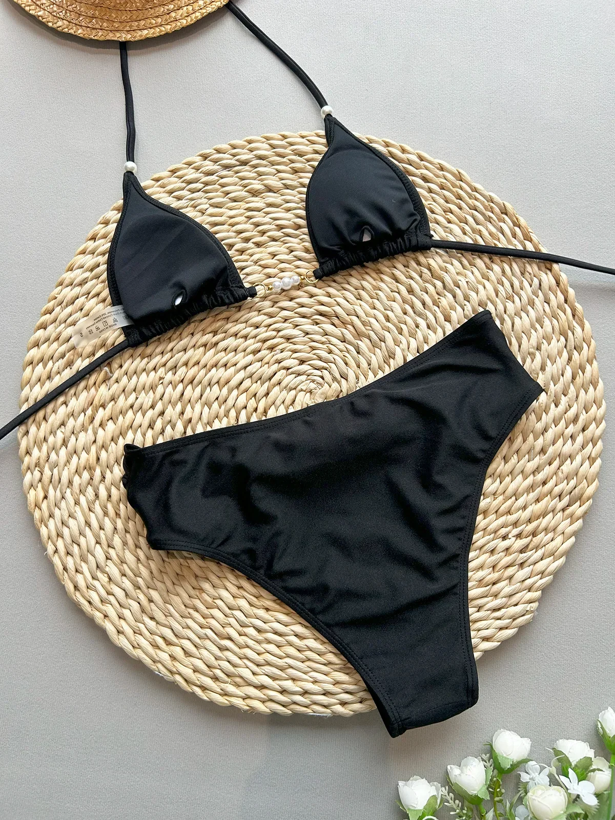 Set bikini sexy a vita alta con perle nere 2025 Reggiseno push up da donna con scollo all'americana Costume da bagno a due pezzi Costume da bagno da spiaggia