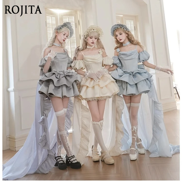 

Extravagant Gorgeous Satin Lolita Dress Original Design Fishbone Ultra Short Jsk Generating Color Blue Grey Tricolor Lo Dress