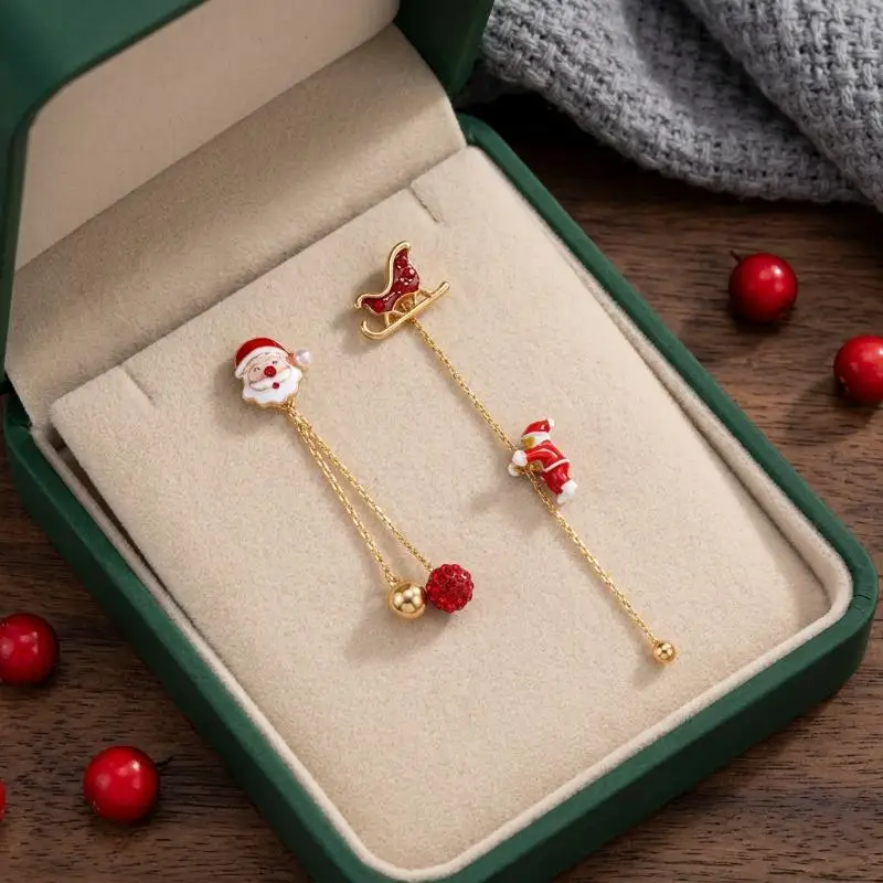 Moving Santa Claus Tassel Dangle Earrings For Women Christmas Tree Asymmetric Long Chain Gift