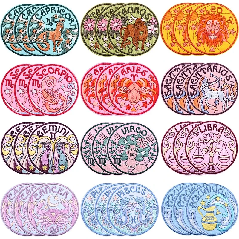 5PCS/Lot Zodiac Symbol Sew On Patches Embroidered Patches Heat Adhesive Patches Clothing Appliques Jeans Backpack Jacket Casual