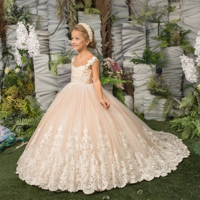 Vestidos de niña de flores rosa claro, tul hinchado, bordado, dobladillo de encaje, sin mangas para boda, cumpleaños, primera comunión