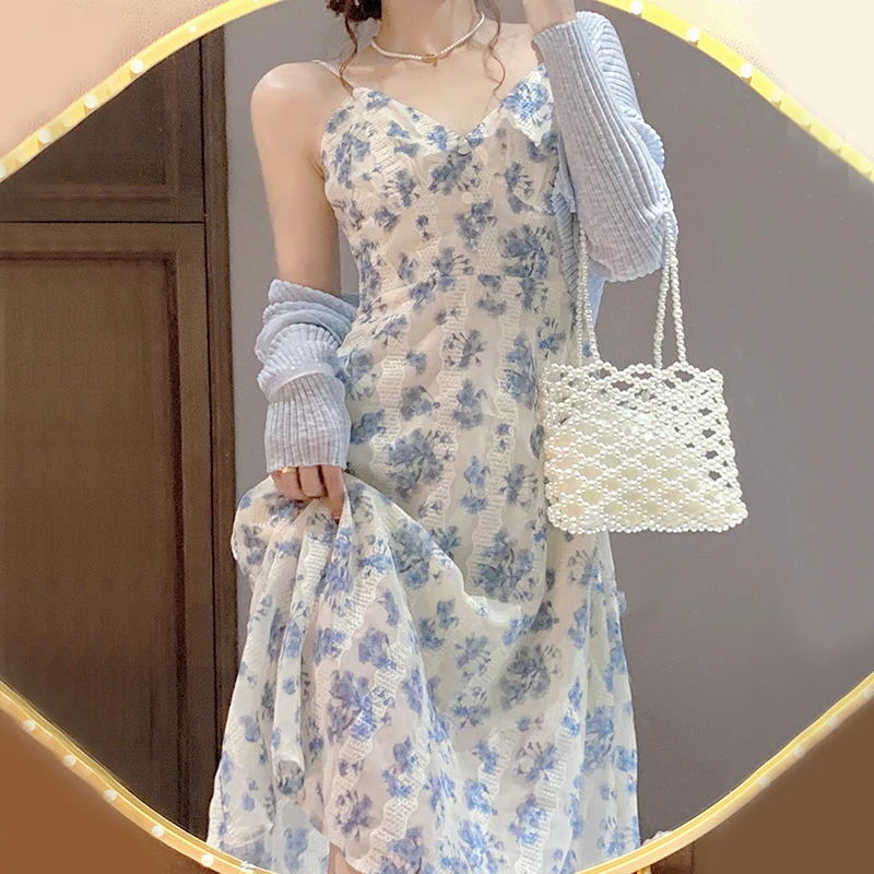 2023 Spring Summer Women Elegant Dress Suit Blue Long Sleeve Thin Cardigans+Sexy Floral Print Long Sling Dress Two-piece Female