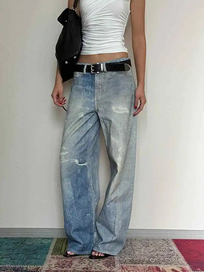 

Blue Womens Jeans High Waist Straight Baggy Denim Pants Streetwear American Fashion Gradient 2024 Female Wide Leg Denim Trouser